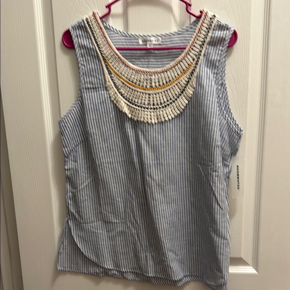 Striped Sleeveless Top with Embroidered Neckline